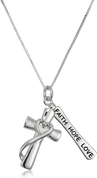 Sterling Silver Faith Hope Love Cross Necklace with Box Chain 18