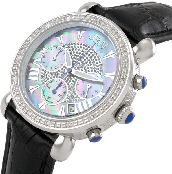JBW Victory Women`s 16 Diamonds Mother of Pearl Dial Leather Band Chronograph Watch - JB-6210L-C