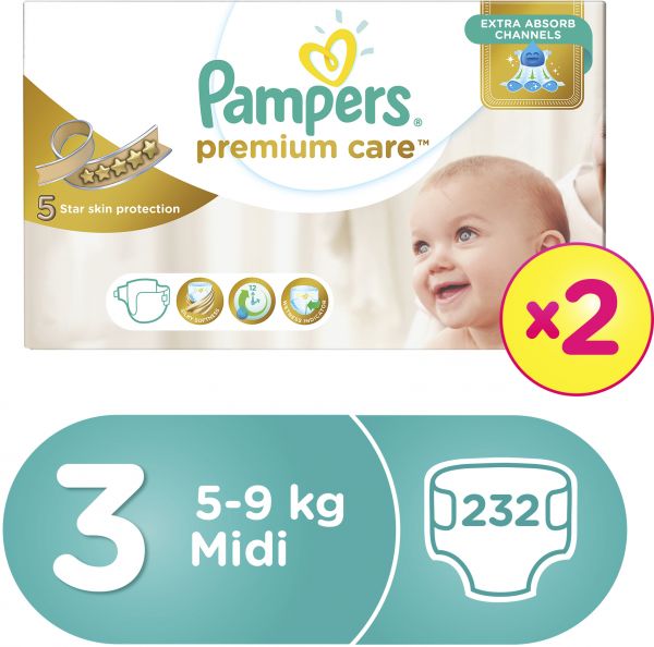 Pampers Premium Care Diapers, Size 3, Midi, 5-9 kg, Double Mega Box, 232 Count
