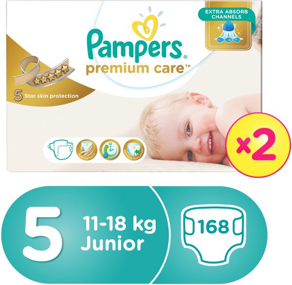 Pampers Premium Care Diapers, Size 5, Junior, 11-18 kg, Double Mega Box, 168 Count
