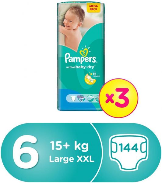 Pampers Active Baby Dry Diapers, Size 6, Triple Mega Pack - 15+ kg, 144 Count