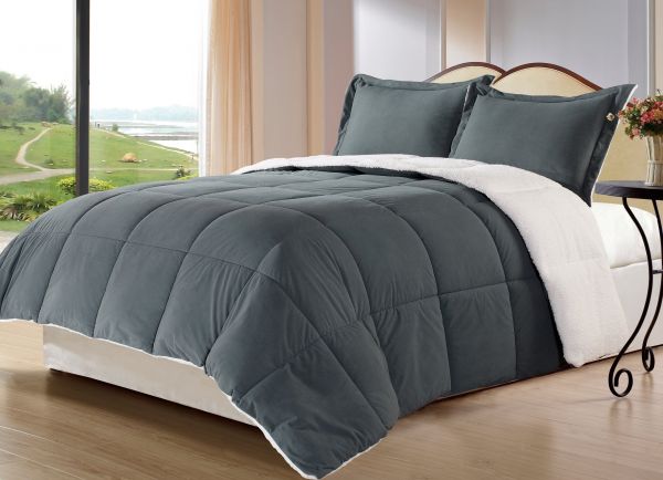 Cozy Beddings 3-Piece Borrego Sherpa/Berber Throw Blanket and Down Alternative Mini Comforter Set Twin Grey BH1228-7T
