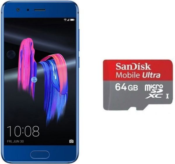 Honor 9 Dual Sim- 64GB, 4GB RAM, 4G LTE, Sapphire Blue with Sandisk 64GB Micro SD Card