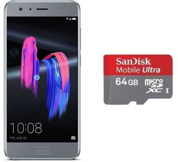 Honor 9 Dual Sim- 64GB, 4GB RAM, 4G LTE, Glacier Grey with Sandisk 64GB Micro SD Card